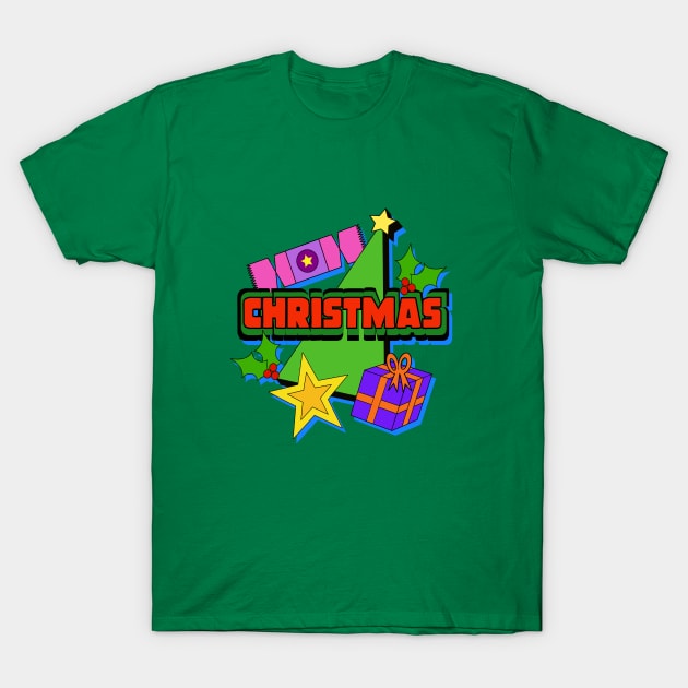 Christmas Tree, Cracker, Holly and Gifts T-Shirt by OneThreeSix